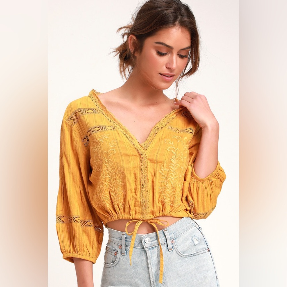 Free People Mustard Yellow Crochet-Trim Crop Top
